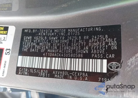 2025 Toyota Camry Xse z USA, uszkodzony, nr VIN 4T1DAACK4SU580586